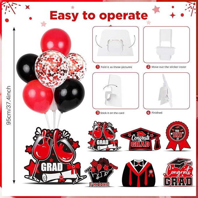 6 Sets Black Red Graduation Balloon Stand Kit for Table Decorations Class of 2025 Congrats Grad Table Centerpiece Grad Prom Themed Decoration for Grad School & College Ceremonies Party Supplies