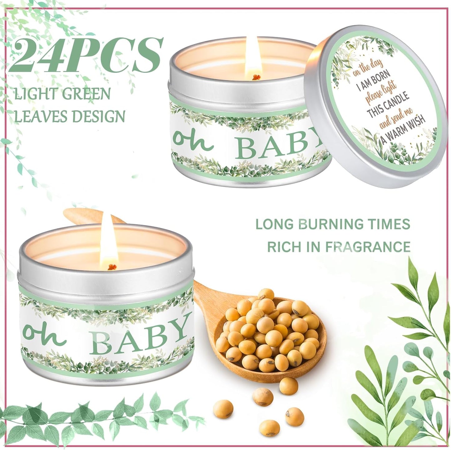 MTLEE 24 Pcs Leaf Baby Shower Party Favors Candles Lavender Scented Baby Shower Favors for Guests Rustic Tealights Candles Gender Reveal Return Gifts Girl Boy(1.2 Oz, Green)
