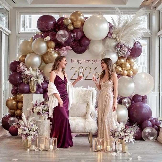 Dark Purple White Balloon Arch Kit, Double Stuffed Plum Mauve Burgundy Pearl White Sand Gold Balloon Garland with Clear Bobo Latex for Birthday Baby Shower Wedding Graduation Mothers Day Party Decor