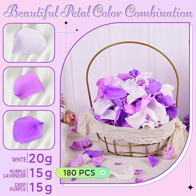 Eslibin 180 PCS Real Purple White Rose Petals for Wedding Flower Girl to Throw, 1.75oz Mixed Fresh Dried Rose Petal for Proposal Centerpieces Valentine's Day Romantic Night Decor