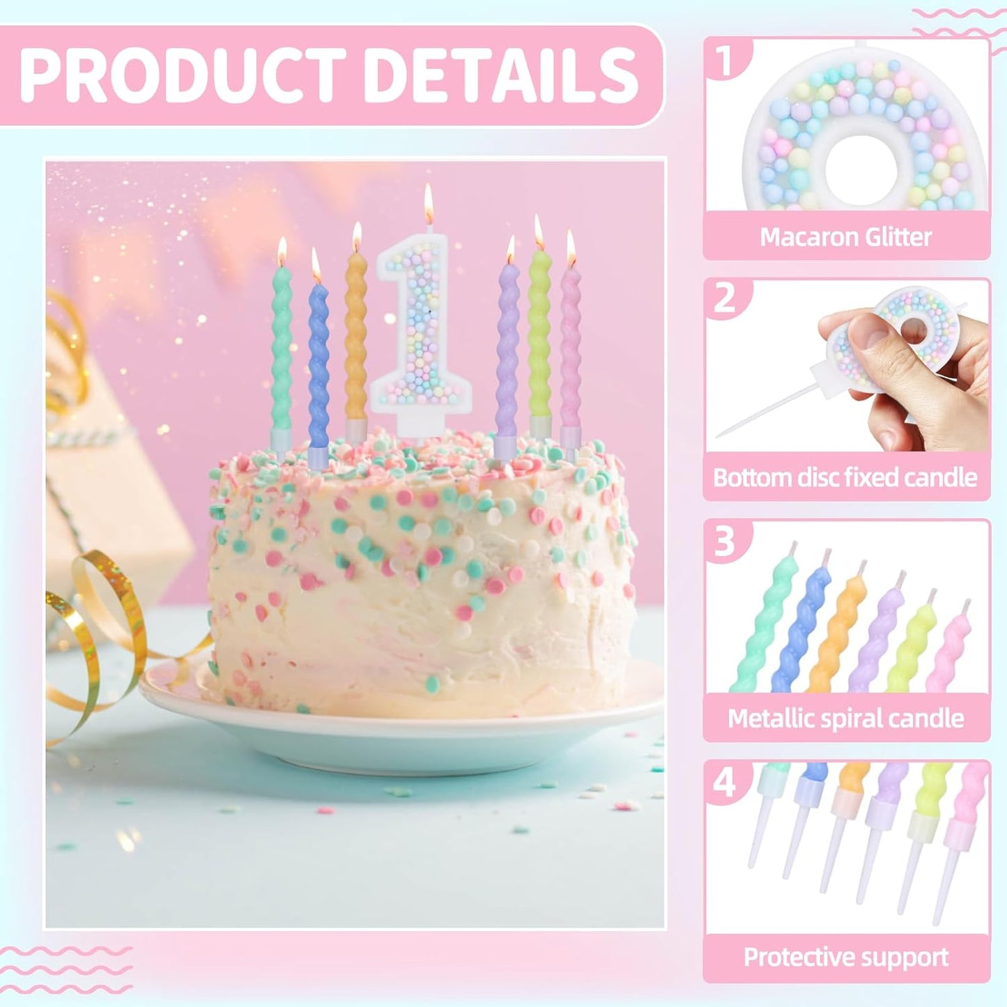 Number 1 Birthday Candles for Cake with 12 Pieces Spiral Candles with Macaron Pastel Rainbow Pink Cake Toppers for Girls Happy Birthday Party Decorations