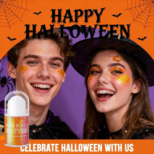 HOSAILY Roll-on Orange Body Glitter Gel for Face Hair, Holographic Chameleon Color Changing Face Paint Glitter Autumn Makeup, Chunky Mermaid Sequins Festival Party Rave Accessories Shimmer Makeup