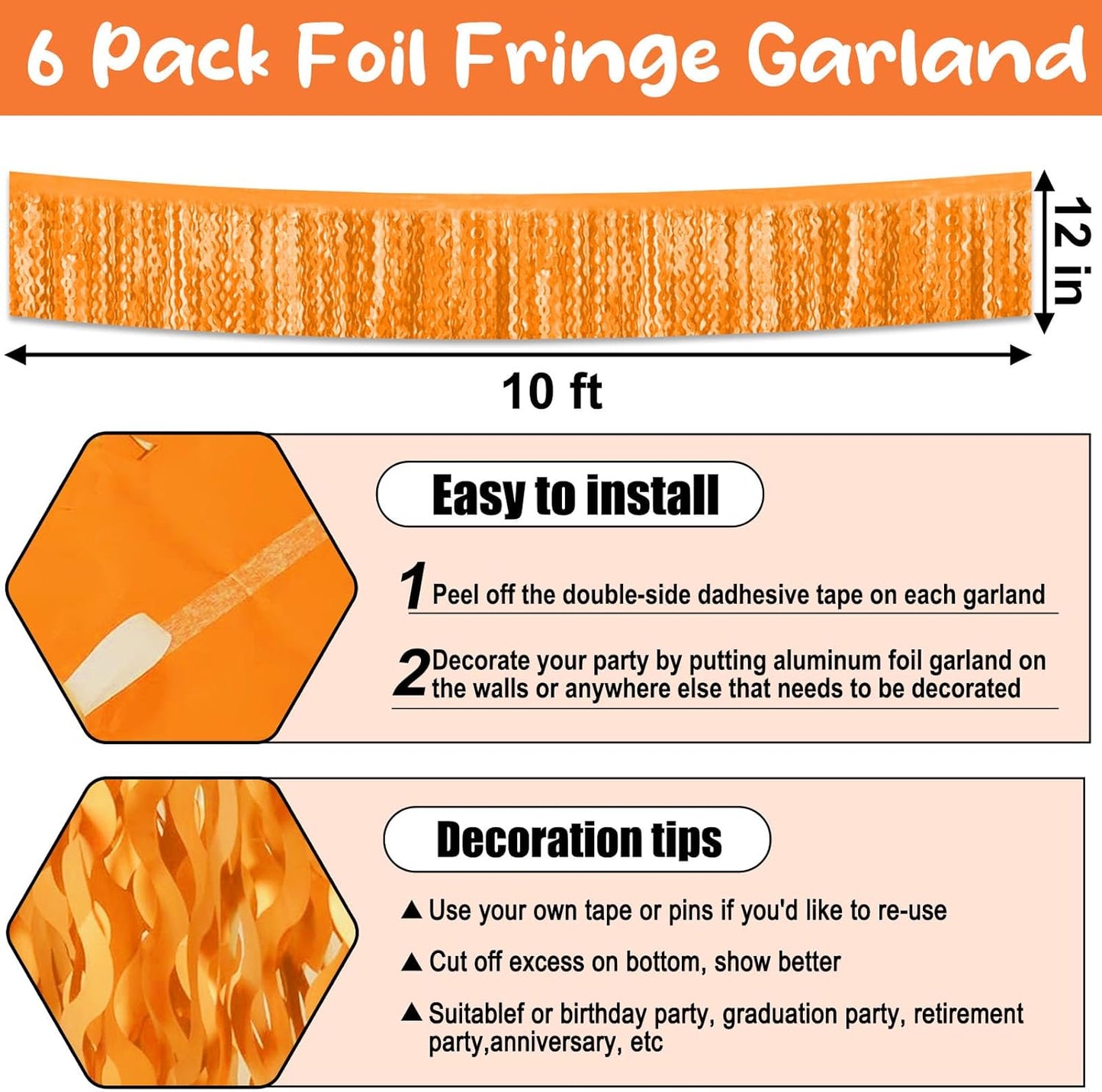 6 Pack 10 Feet Macaron Orange Wave Foil Fringe Garland Metallic Tinsel Streamers Banner Wall Hanging Curtain Backdrop for Parade Floats, Mother's Day, Easter, Wedding, Birthday Party Decoration