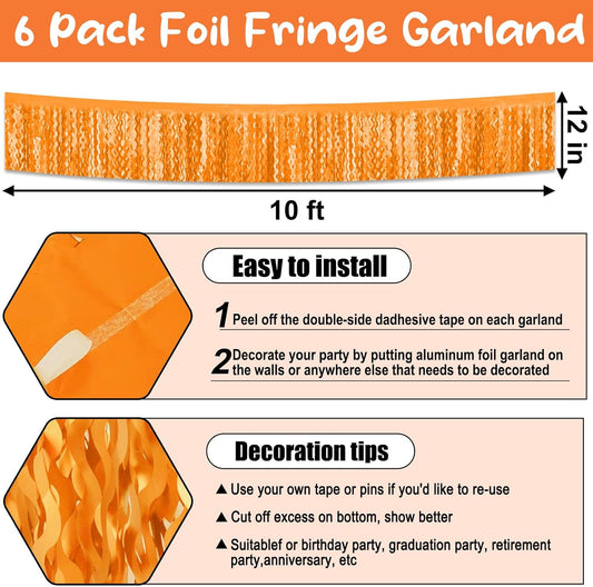 6 Pack 10 Feet Macaron Orange Wave Foil Fringe Garland Metallic Tinsel Streamers Banner Wall Hanging Curtain Backdrop for Parade Floats, Mother's Day, Easter, Wedding, Birthday Party Decoration