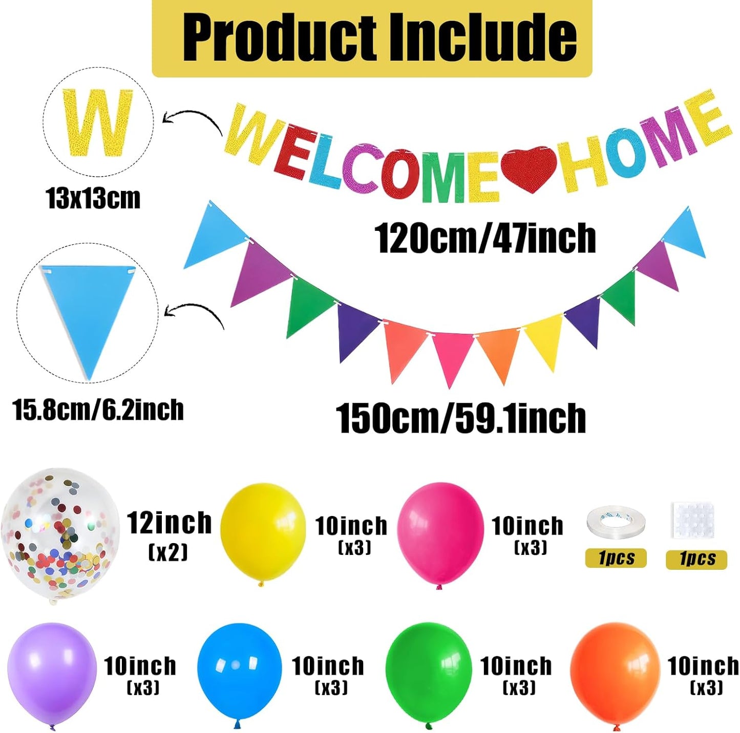 Welcome Home Decorations,Color Welcome Home Balloons Banners Set,Rainbow Welcome Home Glitter Banner with Confetti Balloons,Pennant Flag Bunting for Home Family Baby Shower Welcome Back Party Supplies