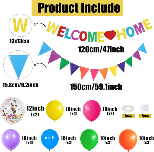 Welcome Home Decorations,Color Welcome Home Balloons Banners Set,Rainbow Welcome Home Glitter Banner with Confetti Balloons,Pennant Flag Bunting for Home Family Baby Shower Welcome Back Party Supplies
