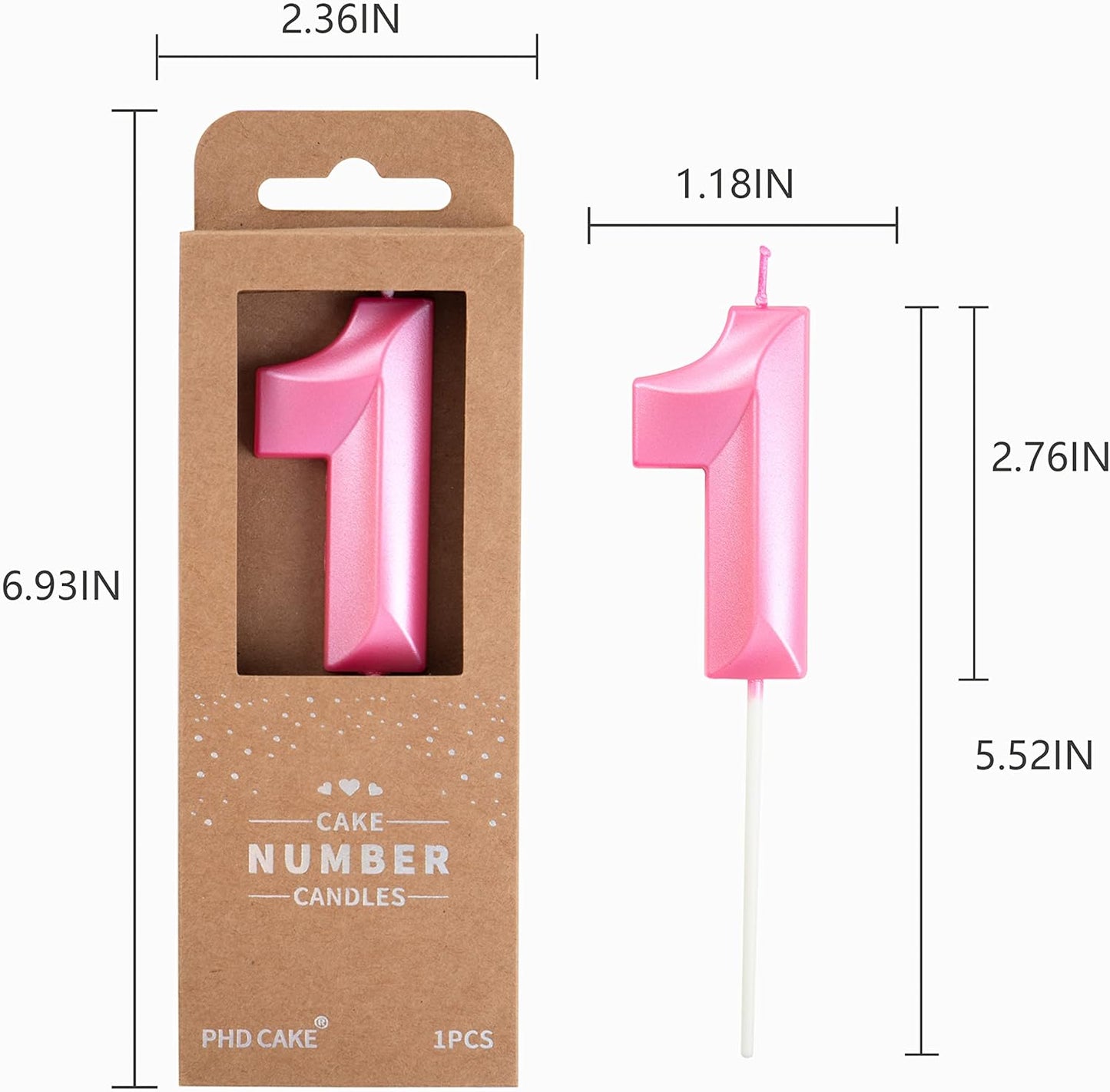 PHD CAKE 2.76 Inch Diamond Pink 1 Number Birthday Candles, Pink Number Candles, Cake Number Candles, Party Celebration