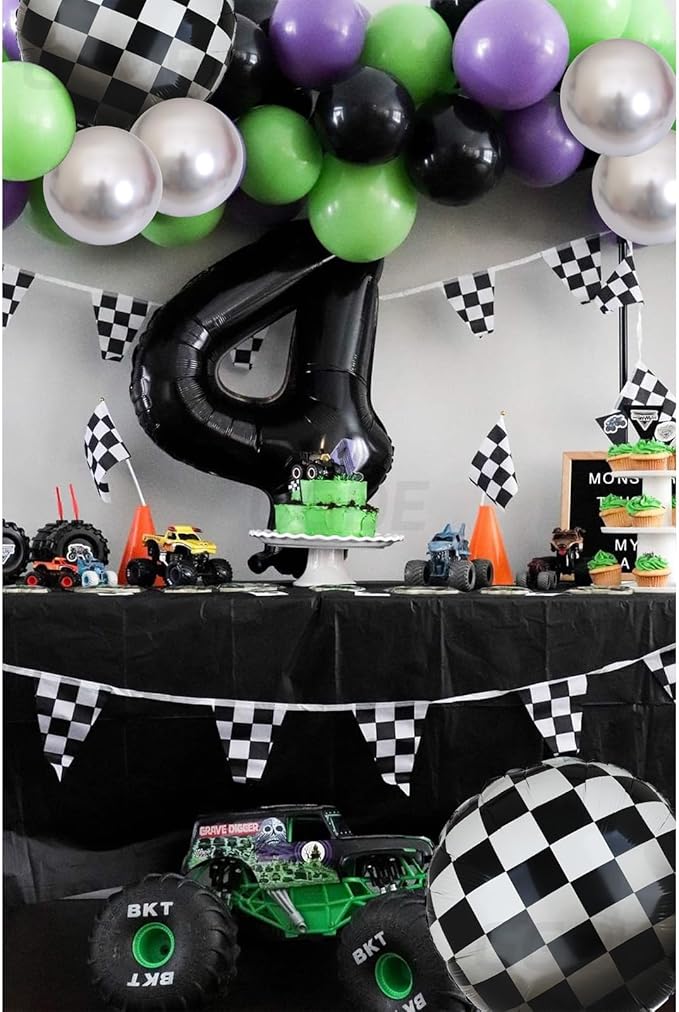 Monster Truck Balloon Bundle 20 Pcs Checkered Balloons Latex Balloon Green Purple Black Boy 1st 2nd Race Ca Vintage Fast One Two Fast Theme Monster Birthday Party Decor Supplies Kit