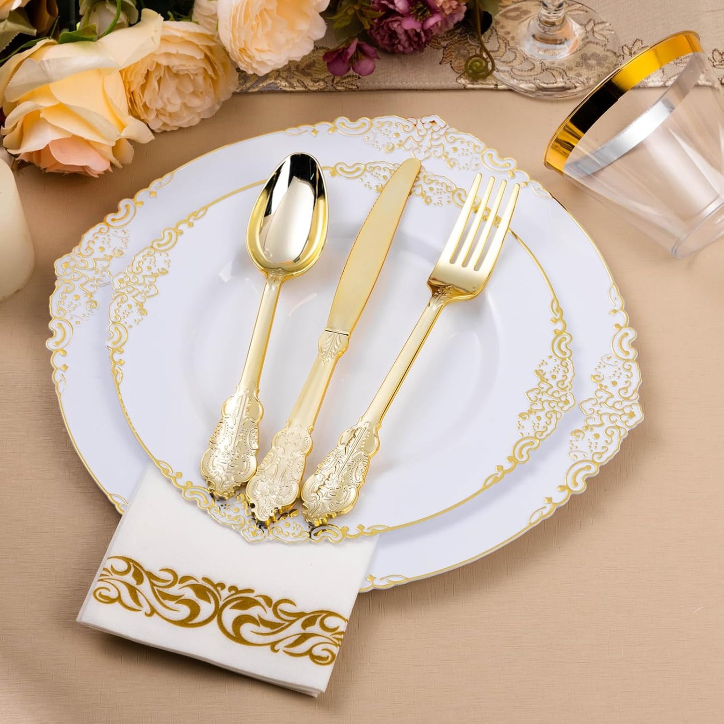 350PCS White and Gold Plastic Plates for 50 Guests, Disposable Dinnerware Set Includes 100 Disposable Plates, 150 Gold Silverware, 50 Cups, 50 Napkins for Party, Wedding