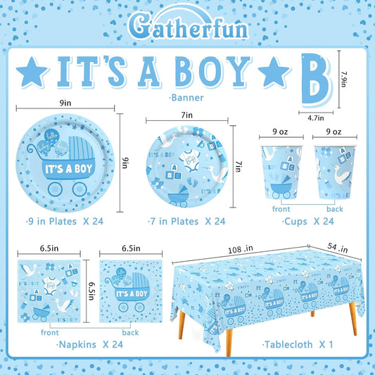 Baby Boy Shower Decorations for 24 Guests - It’s A Boy Decorations Kit Including Disposable Plates, Napkins, Cups, Tablecloth & Banner for Baby Shower Decorations Boy
