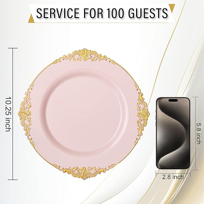 Nervure 100PCS Pink and Gold Plastic Plates - 10.25Inch Pink Disposable Plates - Plastic Dinner Plate for Weddings & Parties & Easter