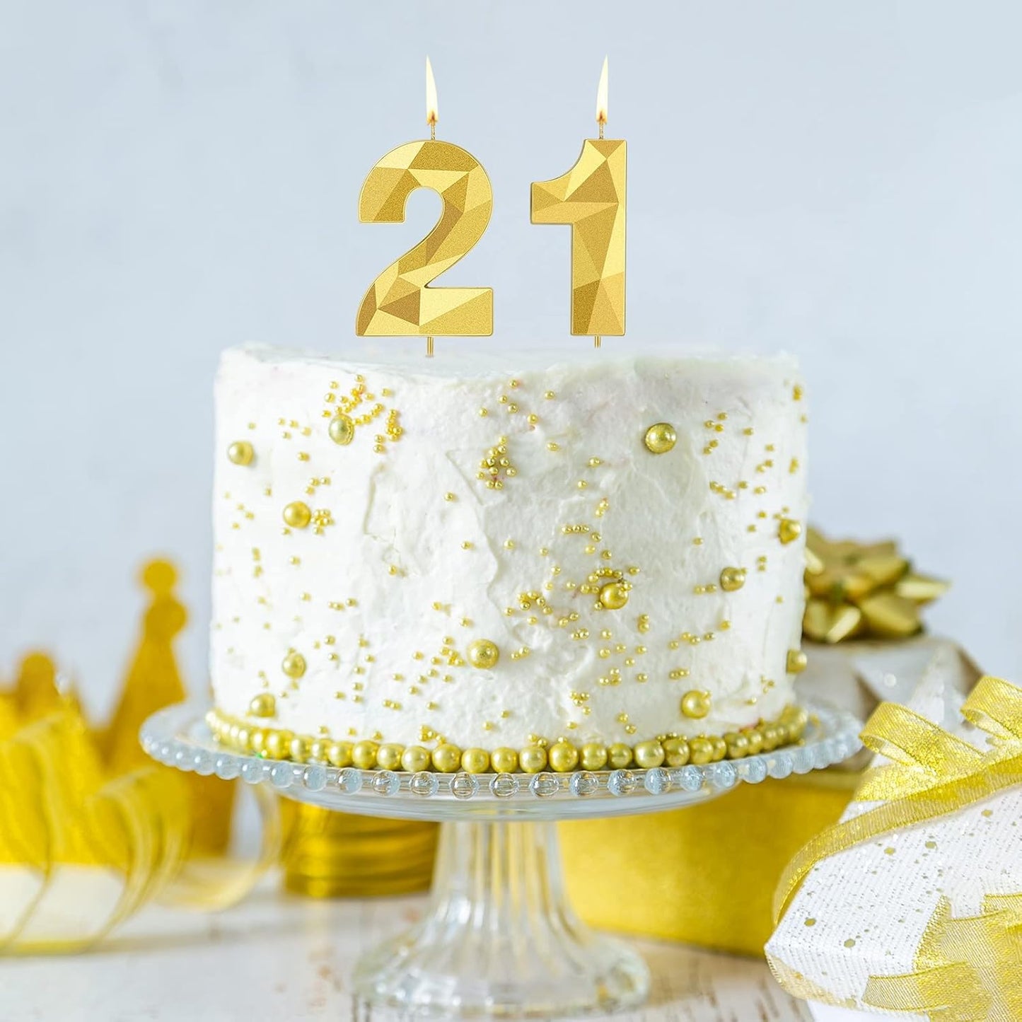 Nuanchu 21st &12th Number Birthday Candles 3D Diamond Shape Numeral Candles Happy Birthday 21 Cake Topper for Wedding Decoration Theme Party Anniversary, 2 Inch (Gold)