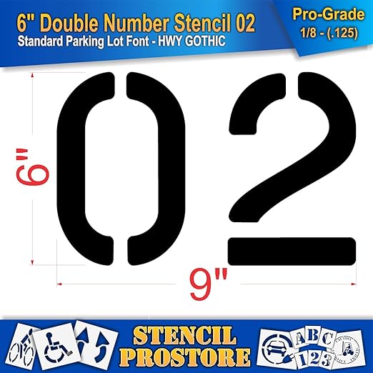 Pavement, Curb, and WheelStop Stencils - 6 inch Double Number Stencil - (02) - 6" x 9" x 1/8" (128 mil) - Pro-Grade