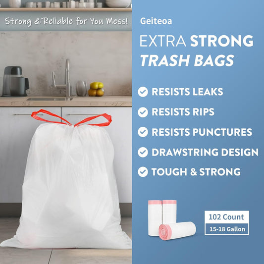15-18 Gallon Drawstring Trash Bags - (102 Count) Ultra Large Trash Can Liners, Heavy Duty Strong White Plastic Garbage Bags for Home Kitchen Office Lawn Commercial
