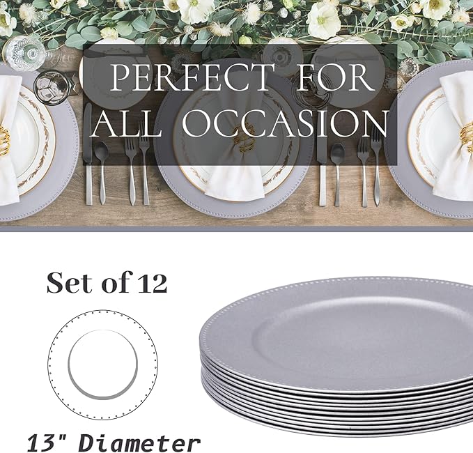 MAONAME Silver Charger Plates Set of 12, Round Dinner Chargers with Beaded, 13 Inch Plastic Plate Chargers for Wedding, Table Decor