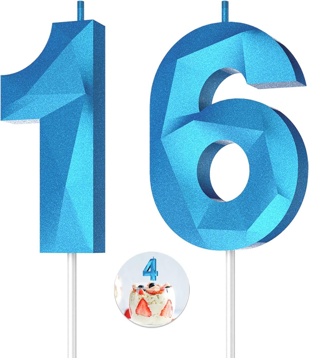 Number Birthday Candles(16 Candle Blue) 3D Diamond Shape Number Happy Birthday Cake Candles for Birthday Party Wedding Decoration Reunions Theme Party