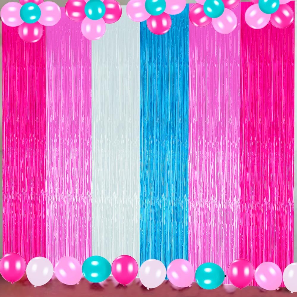 Pink and Teal Birthday Decorations, 3 Pack Pink Streamers and Teal Fringe Backdrop, Photo Booth Props Room Doorway Deco for Boys and Girls Party Supplies