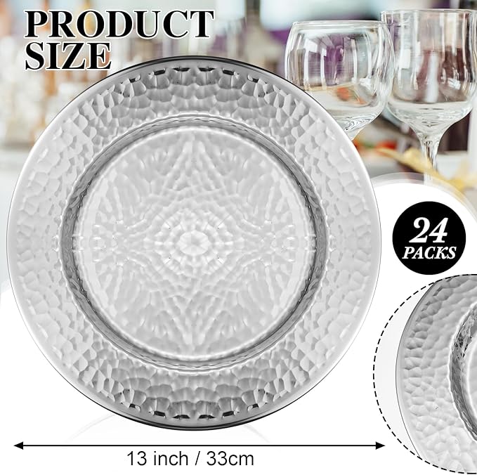 24 Packs Chargers Plates Bulk 13 Inch Stainless Steel Hammered Rim Round Elegant Dinner Plates Luxury Decorative Chargers for Wedding Party Catering Upscale Events (Silver)