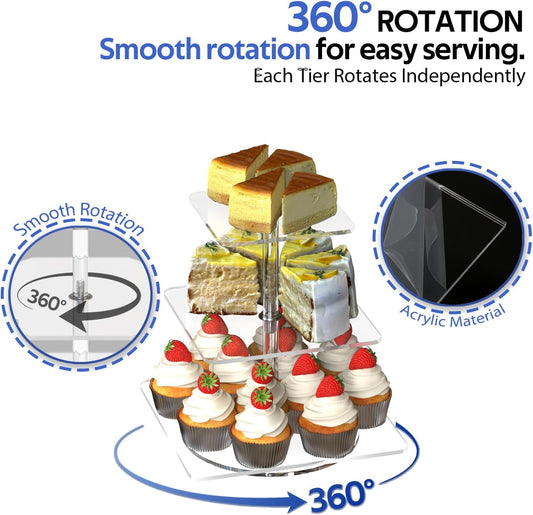 3-Tier Rotating Cupcake Stand, Clear Acrylic 360° Spinning Dessert Display Tower for Cakes & Pastries, Serving Stand for Weddings, Birthdays, Parties - Square