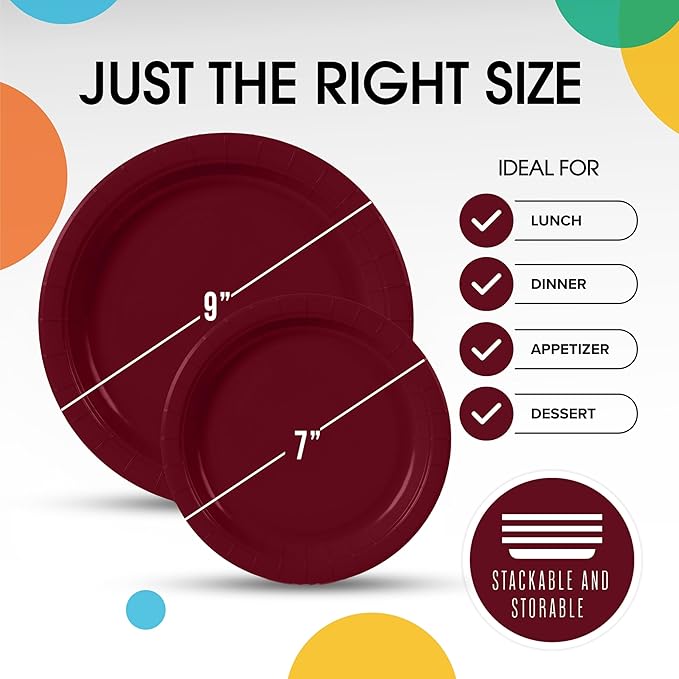 Exquisite Burgundy Paper Plates Disposable Heavy Duty 100 Pcs - 50-7" & 50-9" Burgundy Disposable Plates For Party Heavy Duty Paper Plate 350 GSM Birthday Party Supplies Plate Set