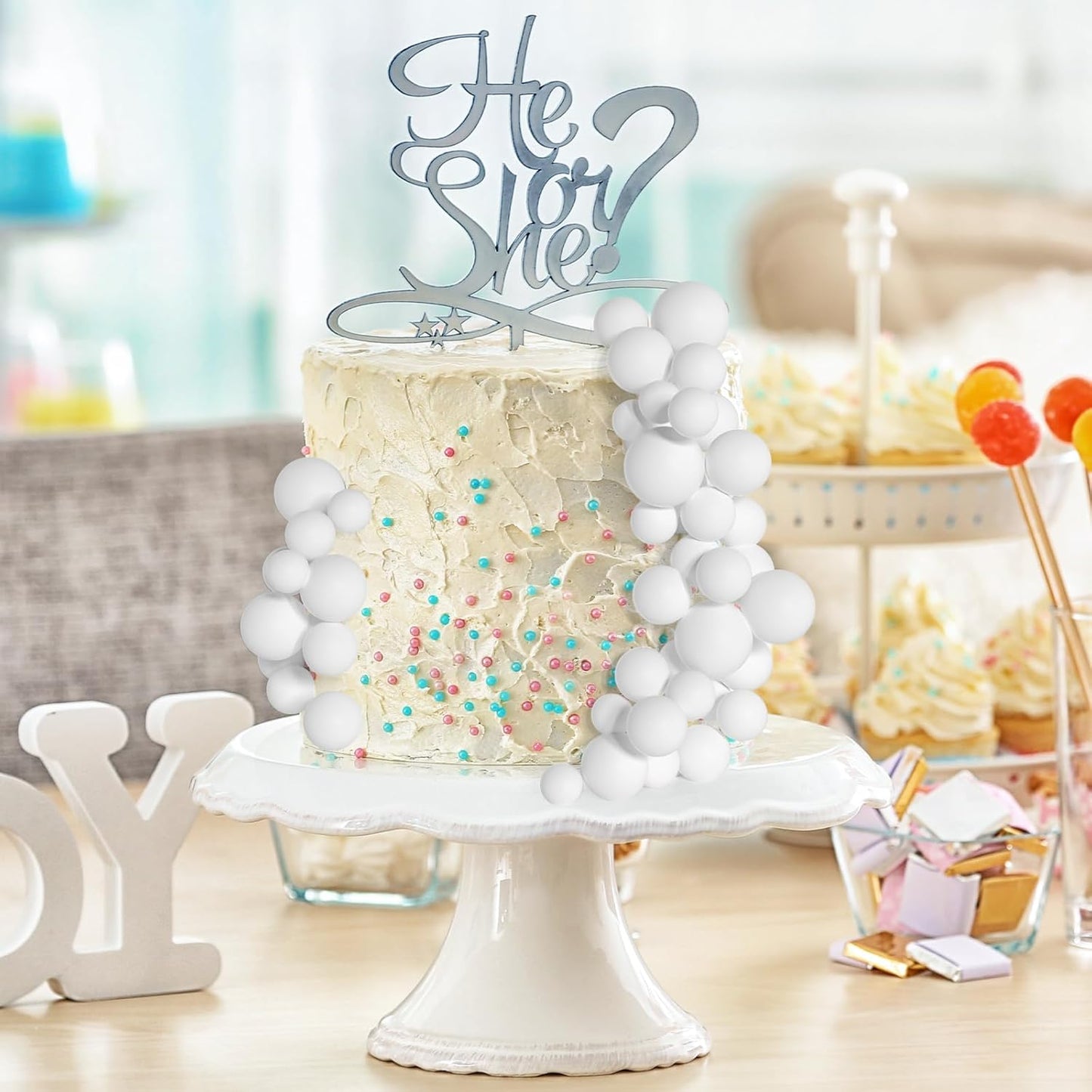 138 Pcs White Balls Cake Topper Decorations Balloon Cupcake Toppers Foam Multisize Cake Topper Balls for Birthday Party Wedding Anniversary