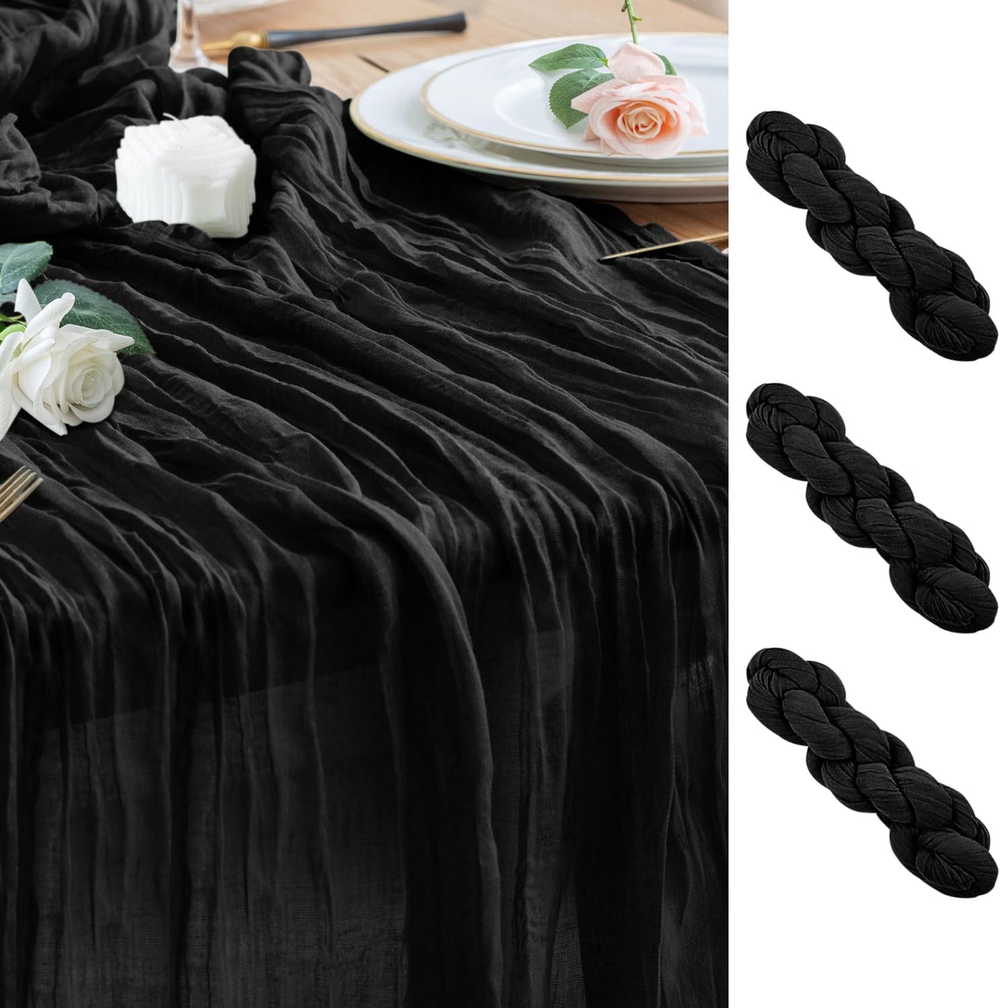 Wokceer Cheesecloth Table Runner 3Pack 10FT Black Christmas Boho Gauze Cheese Cloth Table Runner for Party Easter Rustic Sheer Table Runners for Baby Bridal Shower Wedding Table Decor