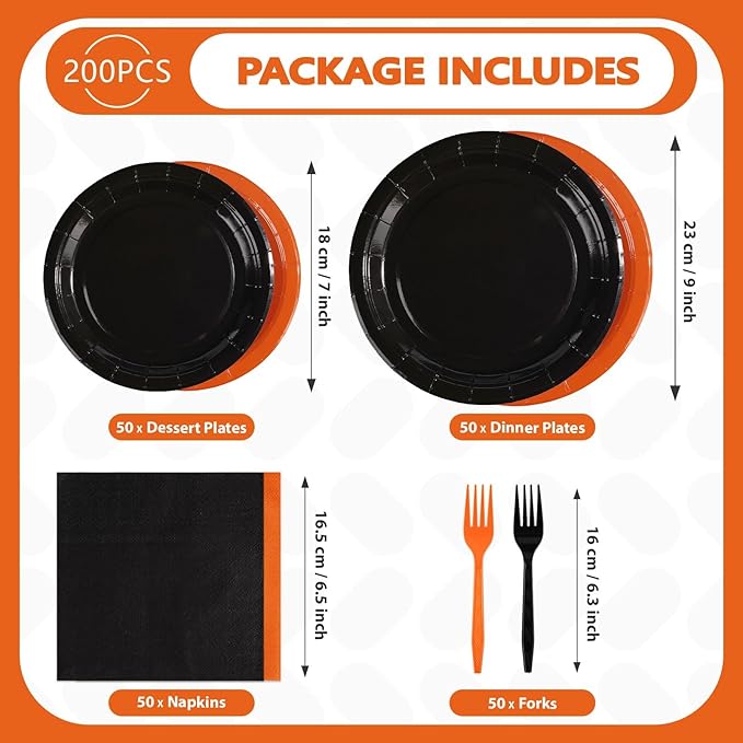 Grencian 200Pcs Orange and Black Party Decorations Orange and Black Plates and Napkins Disposable Paper Tableware for Birthday Wedding Baby Shower Halloween Fall Harvest Party Supplies, Serves 50