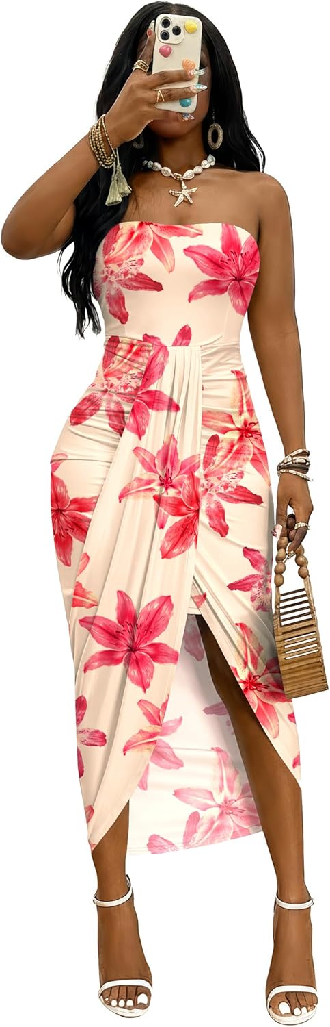 Umenlele Women's Strapless Ruched High Waist Wrap Split Asymmetrical Beach Maxi Long Dress