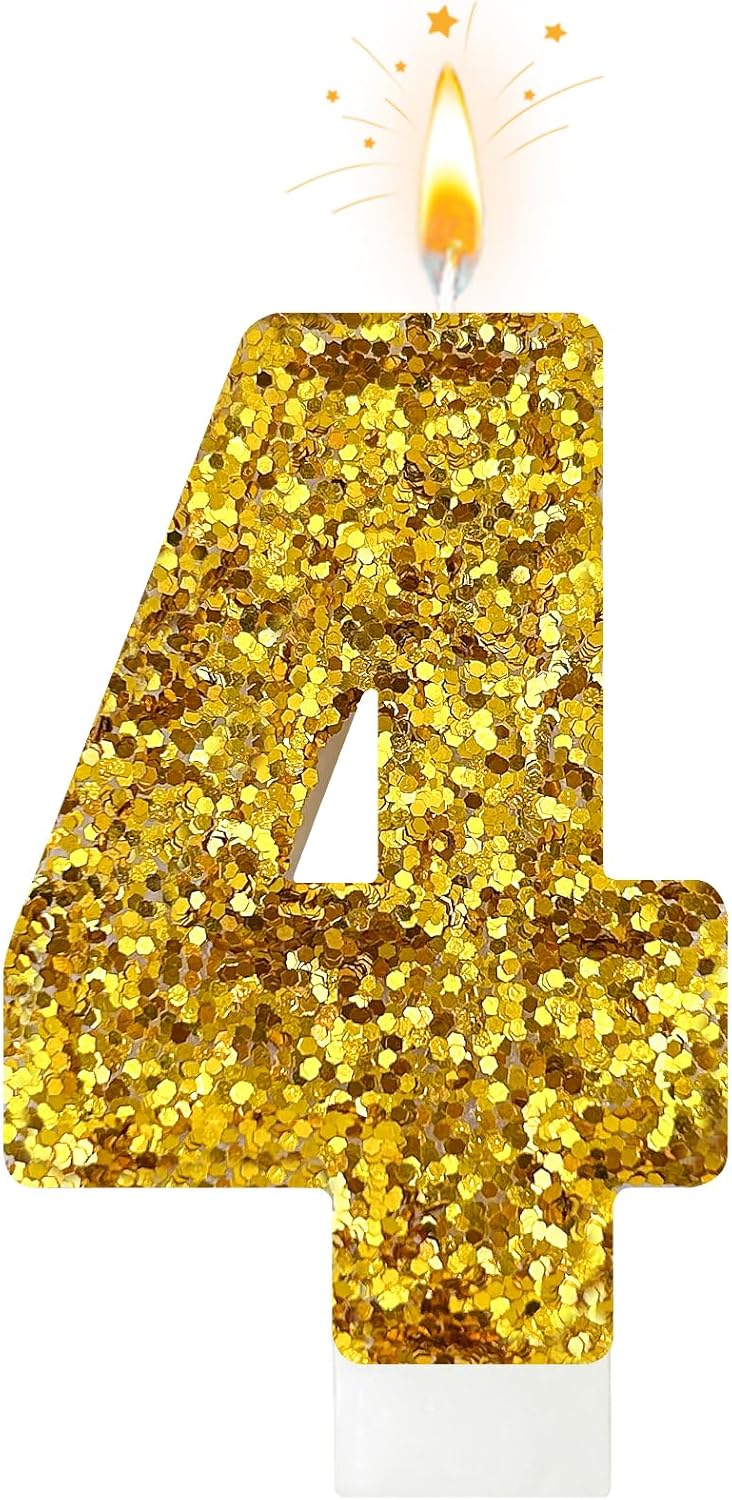 Birthday Number Candles, Glitter Number Candle Cake Decorations with Sequins, Cupcake Decorations for Girls, Women, Party Anniversary Celebrations (Number 4, Golden)