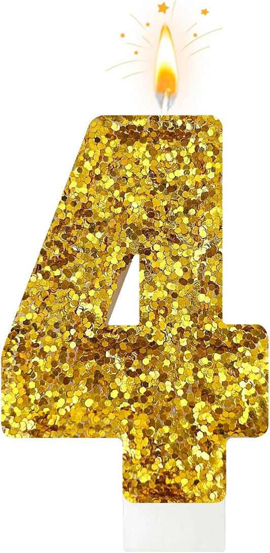 Birthday Number Candles, Glitter Number Candle Cake Decorations with Sequins, Cupcake Decorations for Girls, Women, Party Anniversary Celebrations (Number 4, Golden)