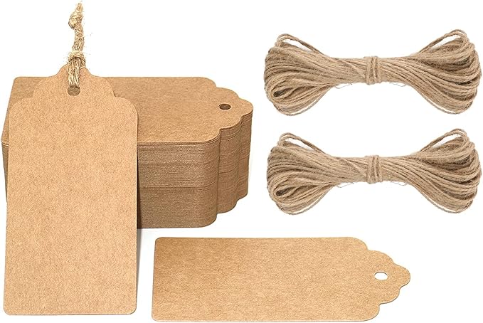 G2PLUS Kraft Paper Gift Tags with String, 100PCS Blank Gift Tags, Christmas Gift Tag, Holiday Hangtags for Gift Wrapping, DIY Arts & Crafts, Halloween(2X 4 in)