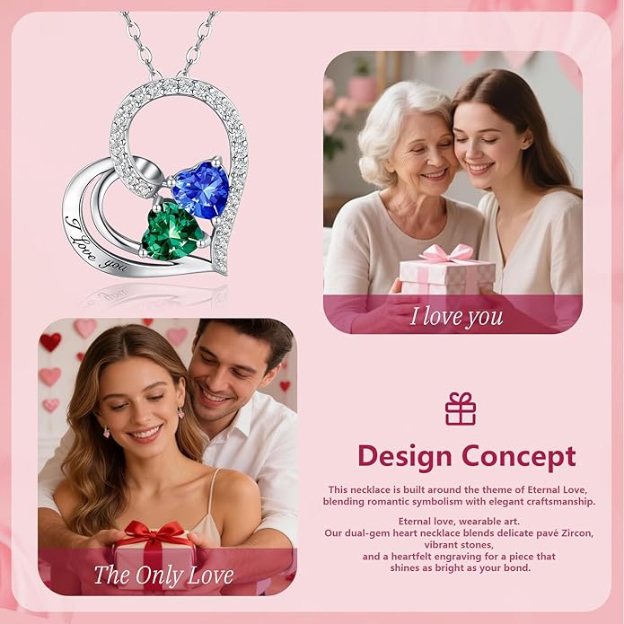 Double Birthstone Heart Necklace 0.8CT Dual-Gemstone S925 Sterling Silver Plated White Gold Engraved I Love You Perfect Anniversary/Valentine's Day Gift for Wife/Girlfriend/Mom/Daughter