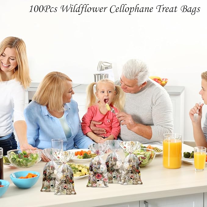 CANIPHA 100Pcs Wildflower Party Cellophane Treat Bags Plastic Floral Candy Cookie Packing Clear Goody Gift Bags Favor Decorations 4 Design with 100 Ties for Birthday Baby Shower Tea Party Supplies