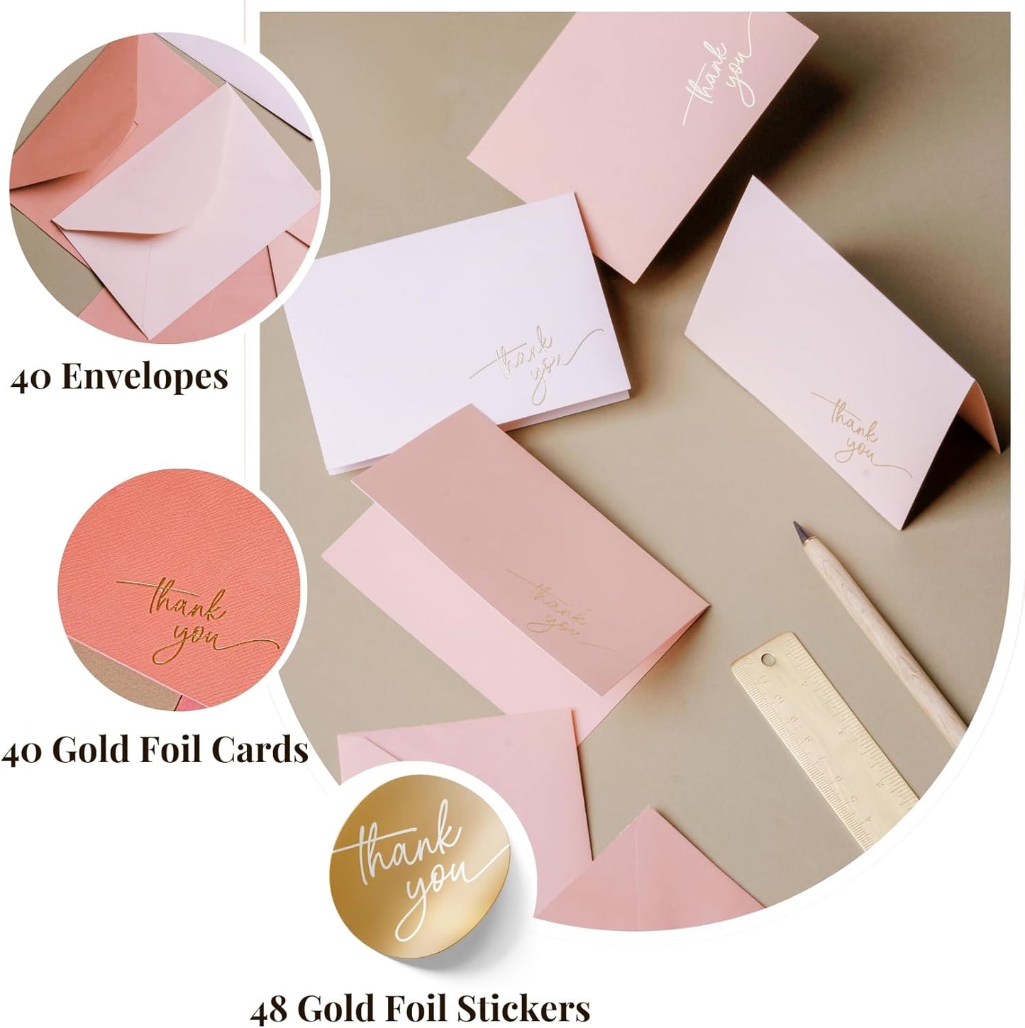 Gold Foil Thank You Cards - Bulk Pack of 40, 5x3.5 Inch with Matching Stickers & Envelopes (Pink) Textured Surface for a Unique Feel - Suitable for Baby Shower, Wedding, Small Business, Graduation
