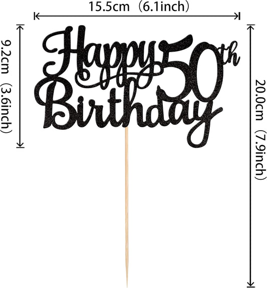 1 PCS Happy 50th Birthday Cake Topper Glitter Cheers to 50 Years Birthday Cake Pick 50 Fabulous Cake Decoration for Happy 50th Birthday Anniversary Party Decorations Supplies Black