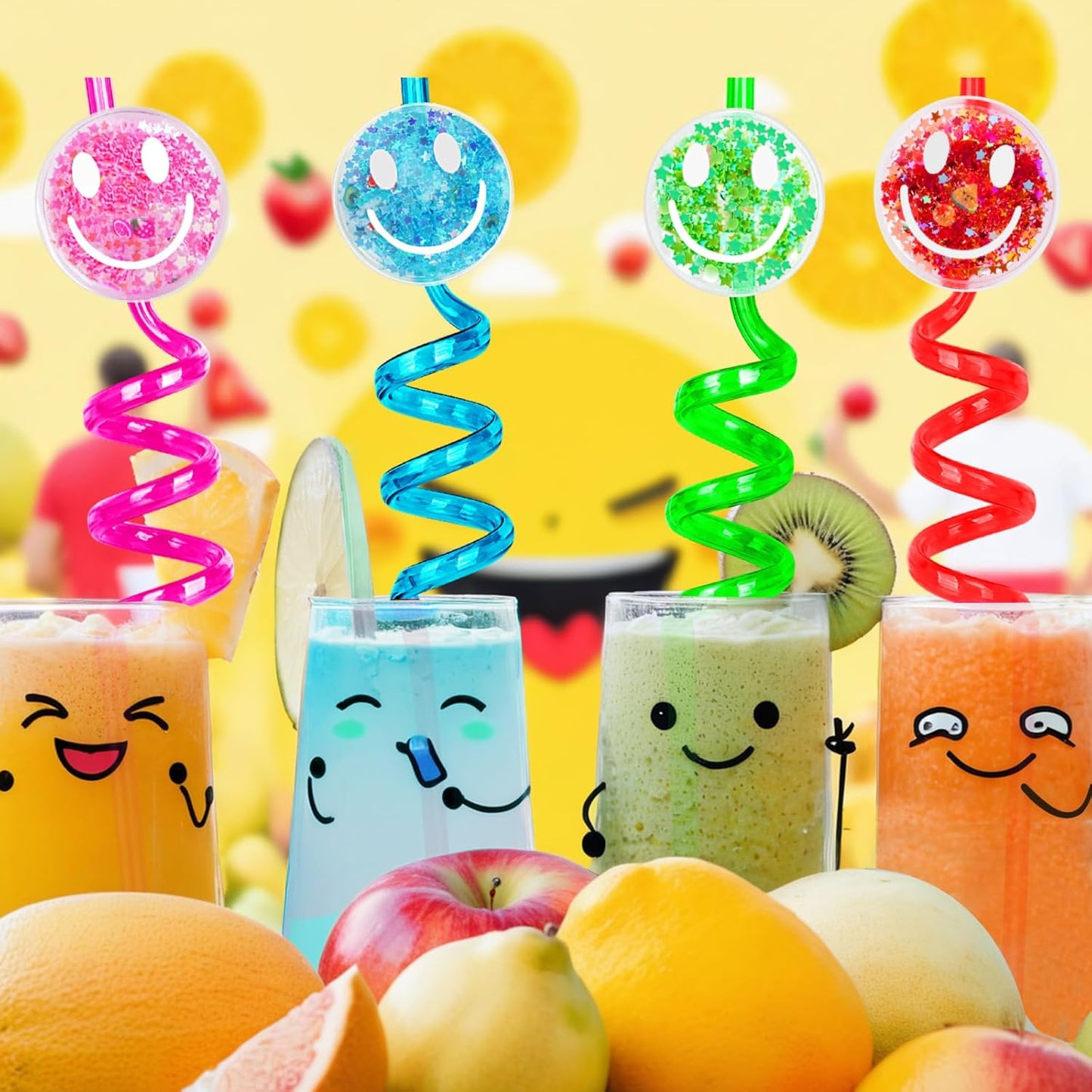 24Pcs Reusable Glitter Smile Straws,Glitter Smile Themed Party Supplies,Happy Pastel Party Decorations, Pink Girl Party With 2Pcs Cleaning Brushs