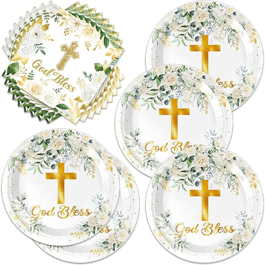 40Pcs God Bless Party Decorations Tableware Supplies 20 Plates and 20 Napkins for God Bless Baptism Party Decoration Serve 20 Guests