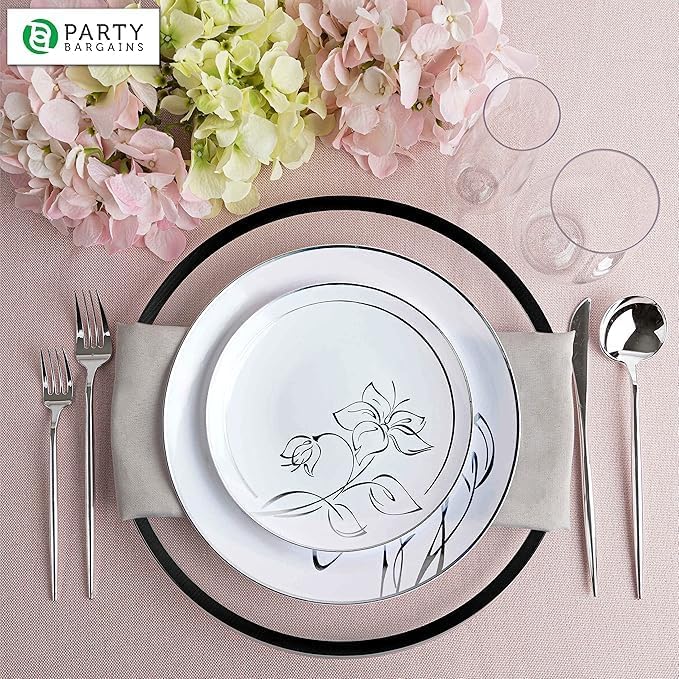 PARTY BARGAINS 13-Inch Charger Plates - 16 Pack, Clear Black Rim, Heavy-Duty Disposable Chargers for Elegant Dining - Ideal for Weddings and Formal Events