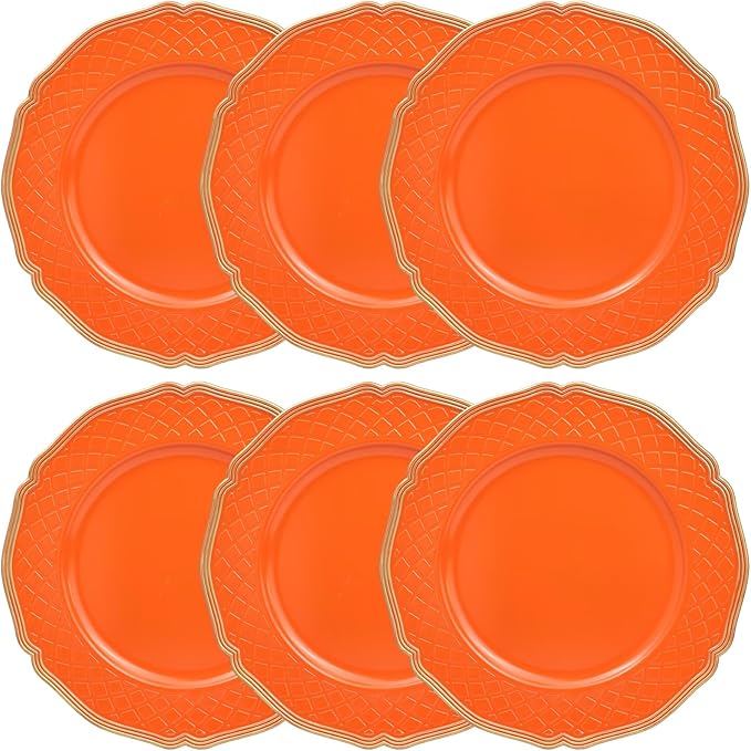 Orange Scallop Charger Plates, Set of 6 Plastic Wedding Bulk Plate Charges for Dinner Plates, Table Decoration, Holiday, Thanksgiving, Christmas.