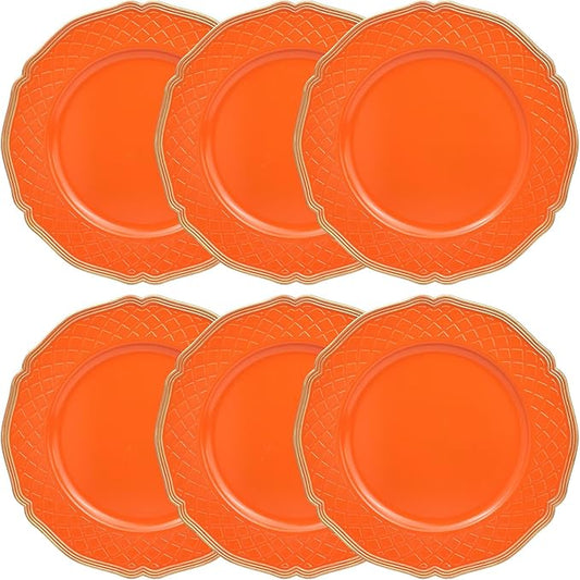 Orange Scallop Charger Plates, Set of 6 Plastic Wedding Bulk Plate Charges for Dinner Plates, Table Decoration, Holiday, Thanksgiving, Christmas.