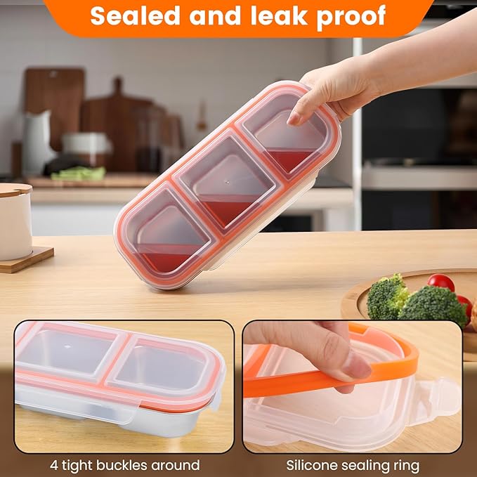 Stainless Steel Snack Containers with Lids, Reusable Condiment Box, 3 Compartment Sauce Cups for Home, Travel