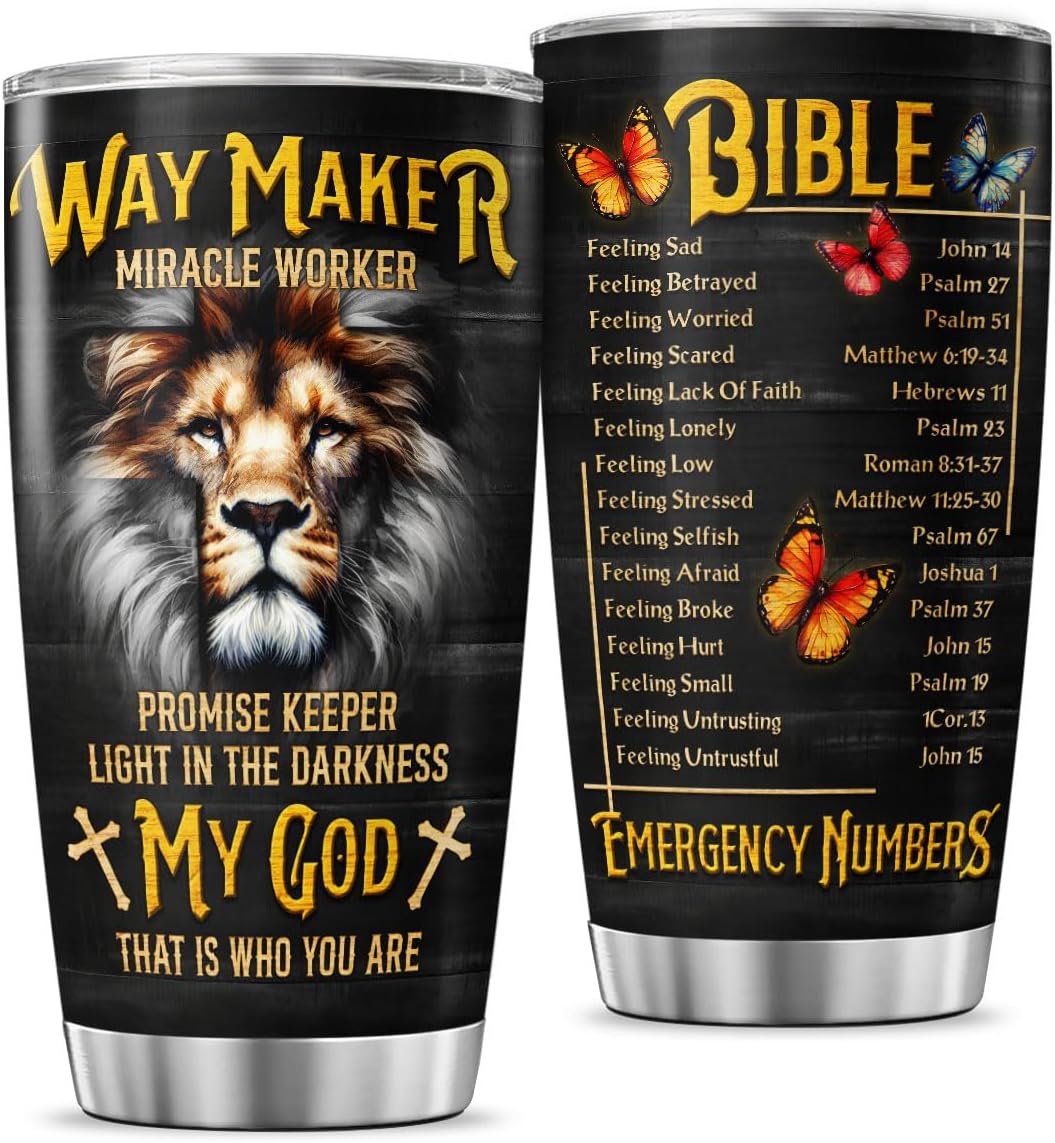 Christian Lion Tumbler with Bible Emergency Numbers, 20oz Stainless Steel Insulated Cup for Men and Women, Faith Gift for Birthday, Church, Spiritual Encouragement