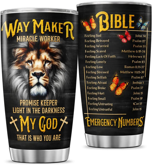 Christian Lion Tumbler with Bible Emergency Numbers, 20oz Stainless Steel Insulated Cup for Men and Women, Faith Gift for Birthday, Church, Spiritual Encouragement