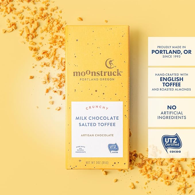 Moonstruck Chocolate Salted Toffee Milk Chocolate Bar, 31% Cacao, 3.0oz (Pack of 12)