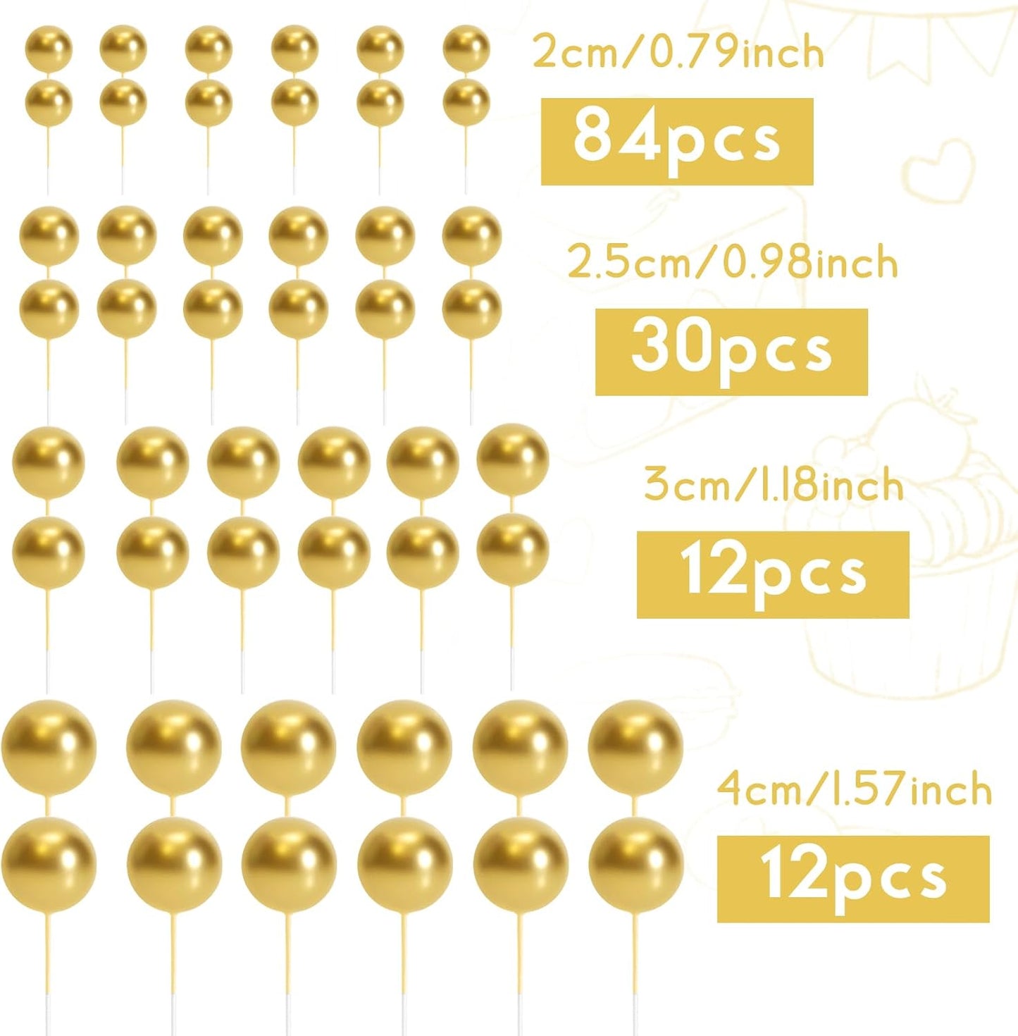 138 Pcs Gold Balls Cake Topper Decorations Balloon Cupcake Toppers Foam Multisize Cake Topper Balls for Graduation Birthday Party Wedding Anniversary
