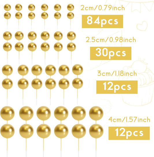 138 Pcs Gold Balls Cake Topper Decorations Balloon Cupcake Toppers Foam Multisize Cake Topper Balls for Graduation Birthday Party Wedding Anniversary