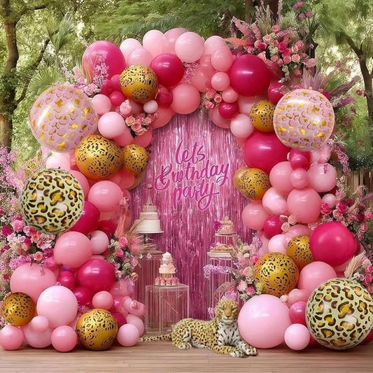 Hot Pink Balloon Arch Kit, Double Stuffed Dark Light Pink Magenta Gold Cheetah Print Balloons Fringe Curtain for Mother's Day Birthday Bridal Baby Shower Safari Jungle Party Decorations
