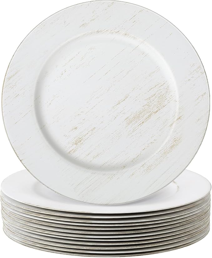 Tanlade 12 Pcs Charger Plates Bulk 13 Inch Plastic Vintage Wedding Chargers Floral Decorative Plates with Metallic Ruffled Rim for Wedding Party, Holiday Event Supplies(White)