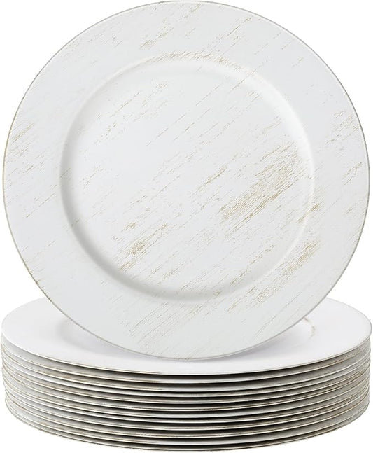 Tanlade 12 Pcs Charger Plates Bulk 13 Inch Plastic Vintage Wedding Chargers Floral Decorative Plates with Metallic Ruffled Rim for Wedding Party, Holiday Event Supplies(White)