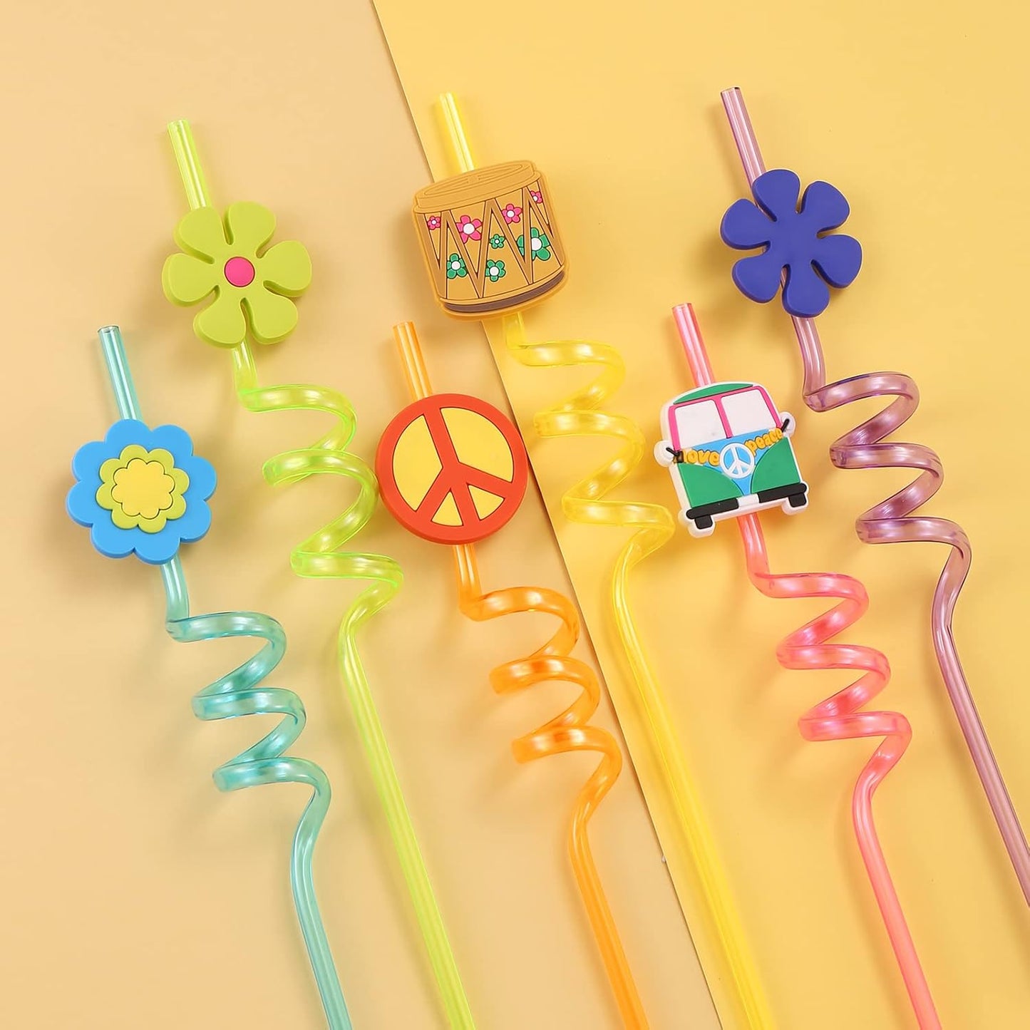 24 60's Hippie Theme Party Favors Retro Flower Cutouts Peace Drinking Straws for 60s Groovy Party Supplies Tie Dye Birthday Party Supplies with 2 PCS Straws Cleaning Brush